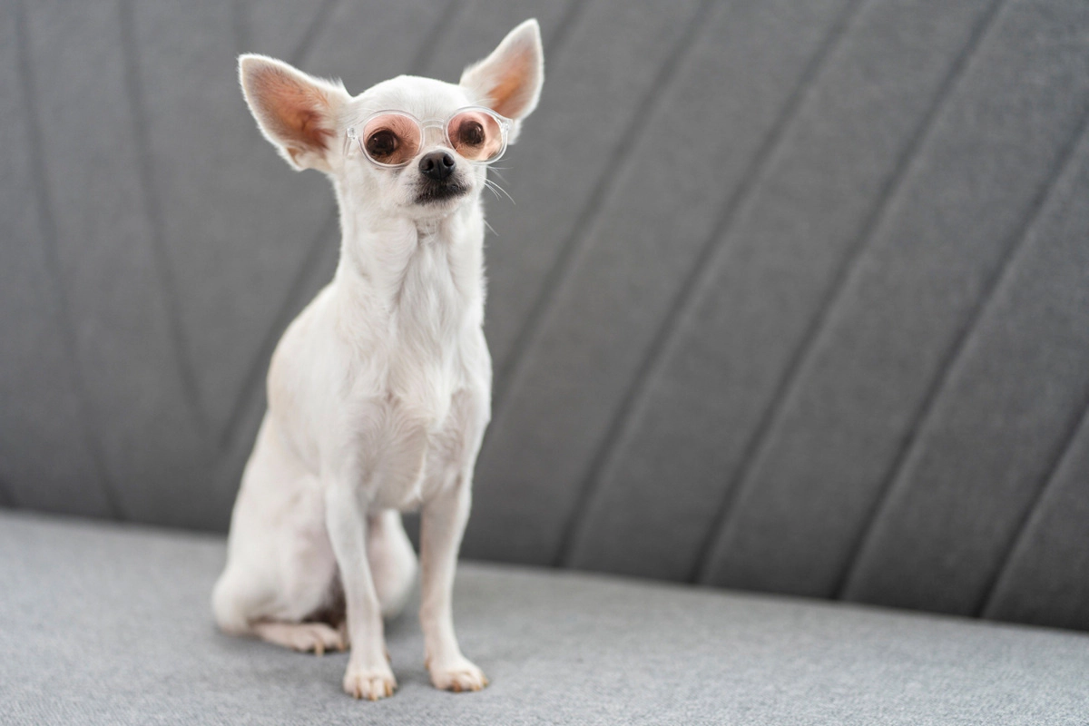 Sitting White Chihuahua with Toy Glasses