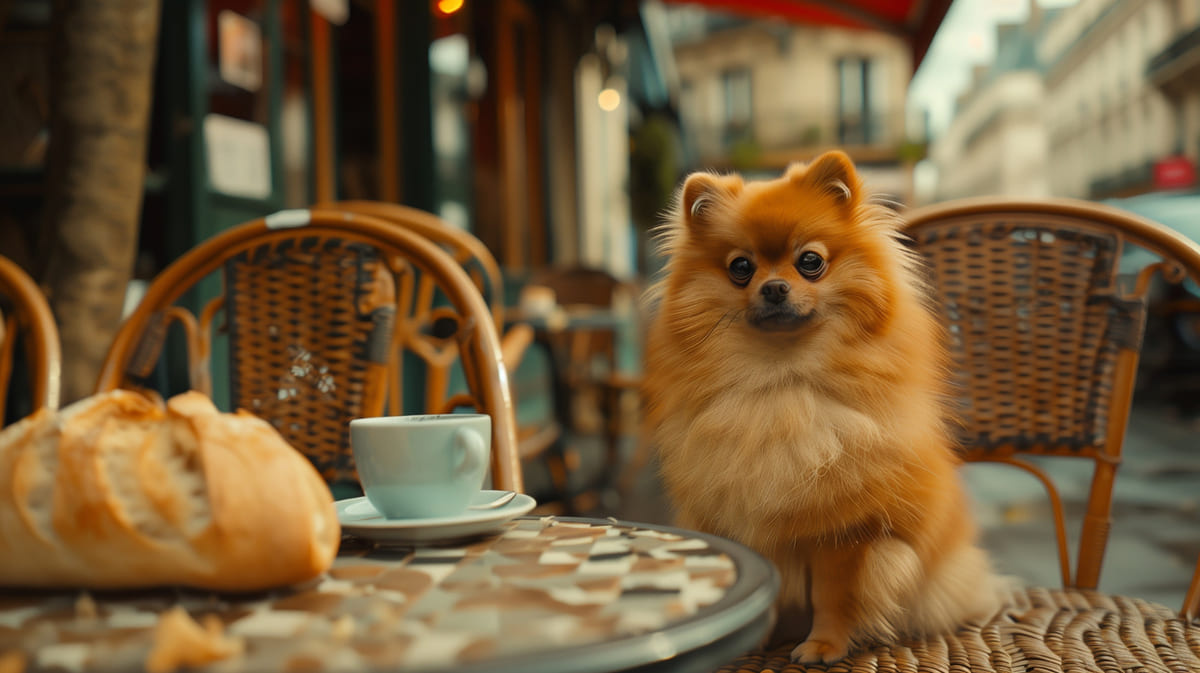 Pomeranian dog sitting at the dinner table