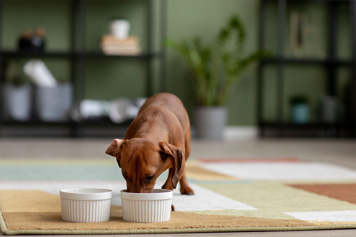Small brown dog leaning over a white food bowl