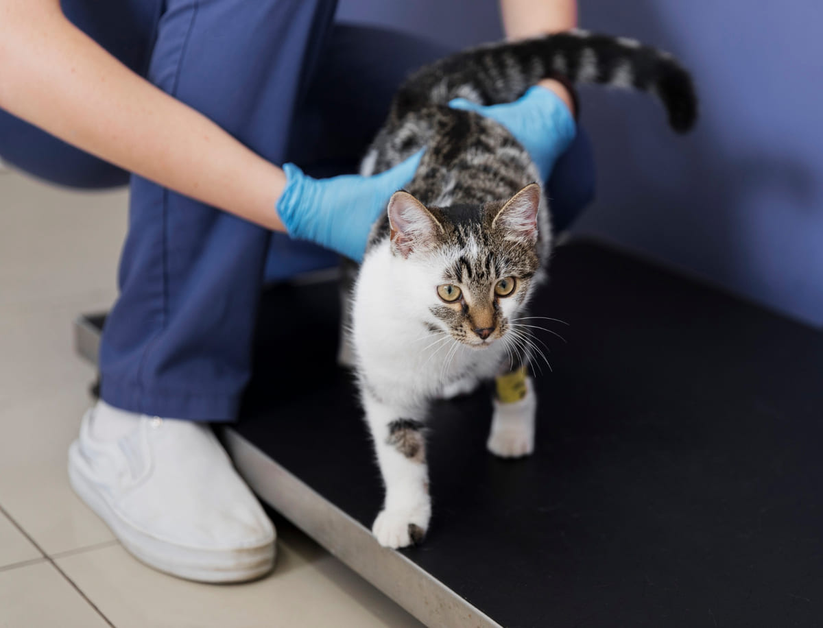Cat weighed by veterinarian