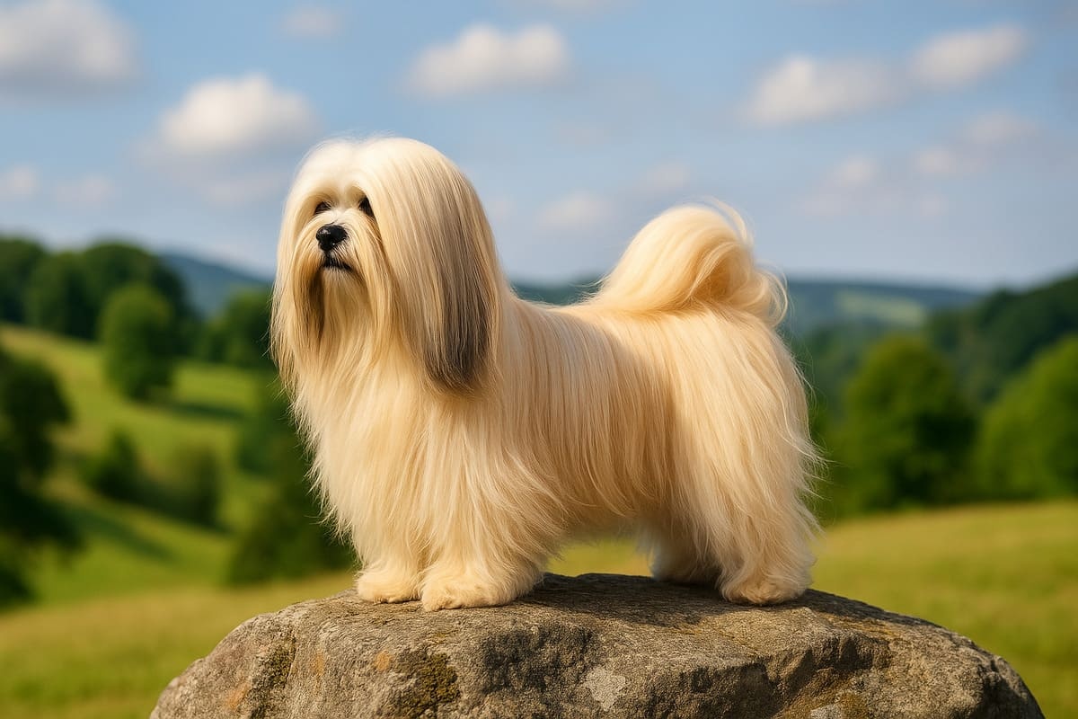 Small breed long-haired dog standing on a rock