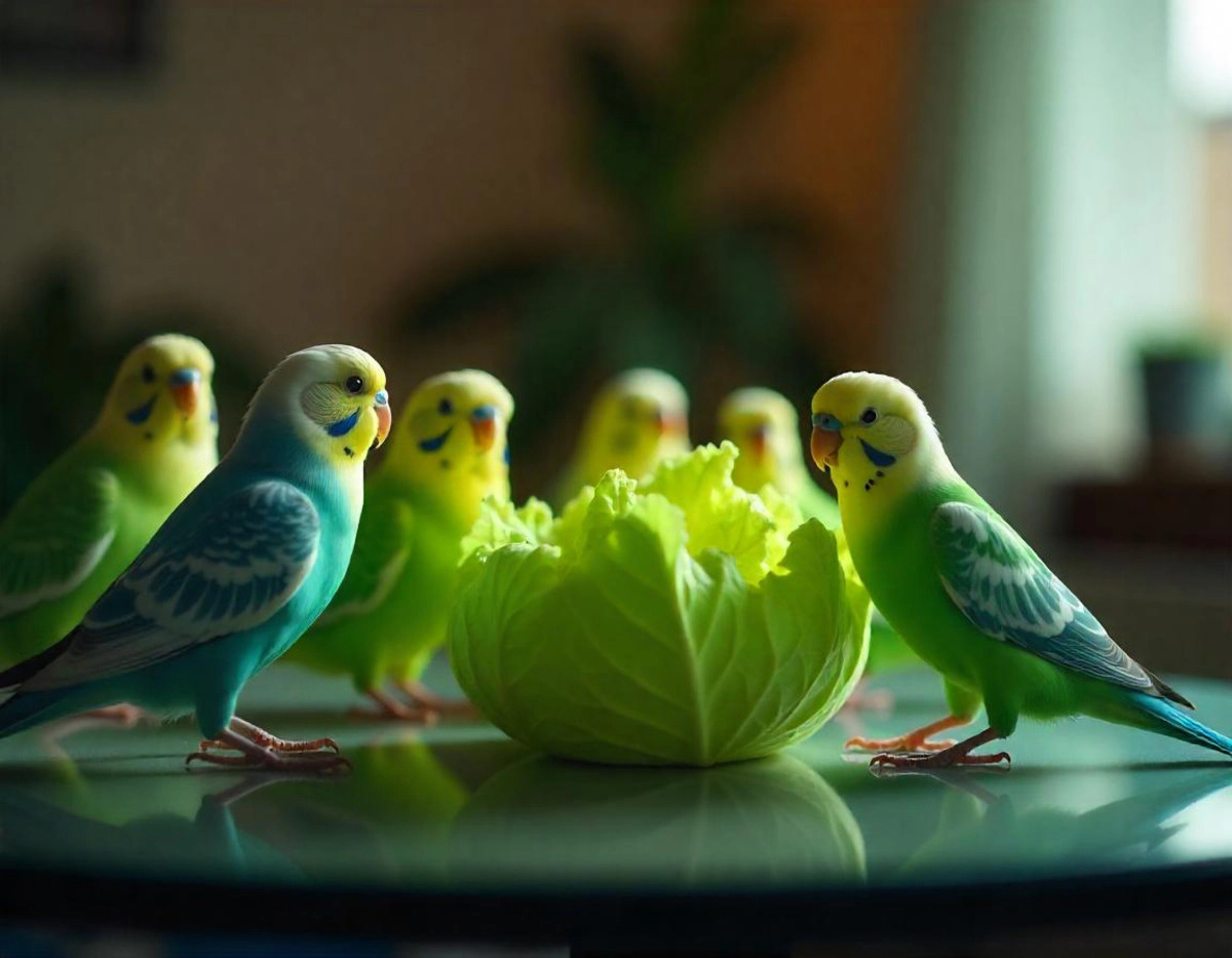 Budgies on the table, surrounding the lettuce