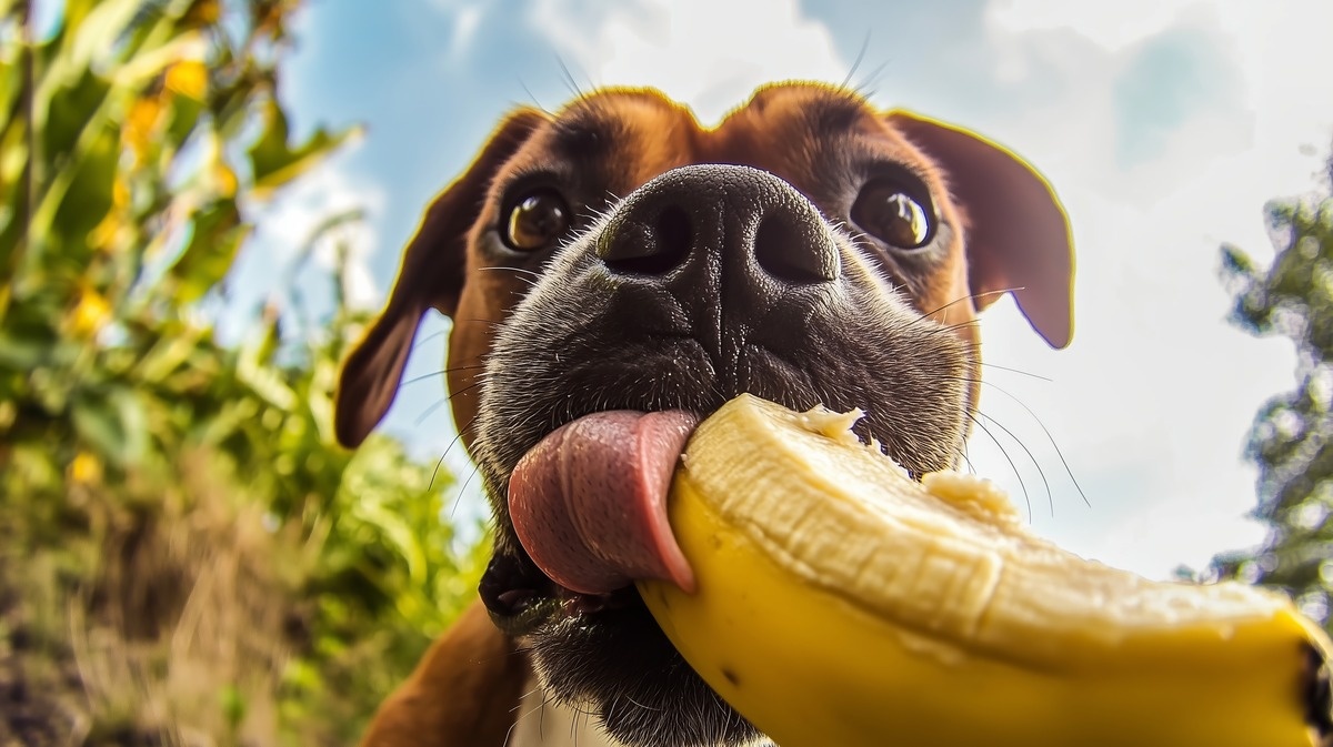 Dog eating a peeled banana