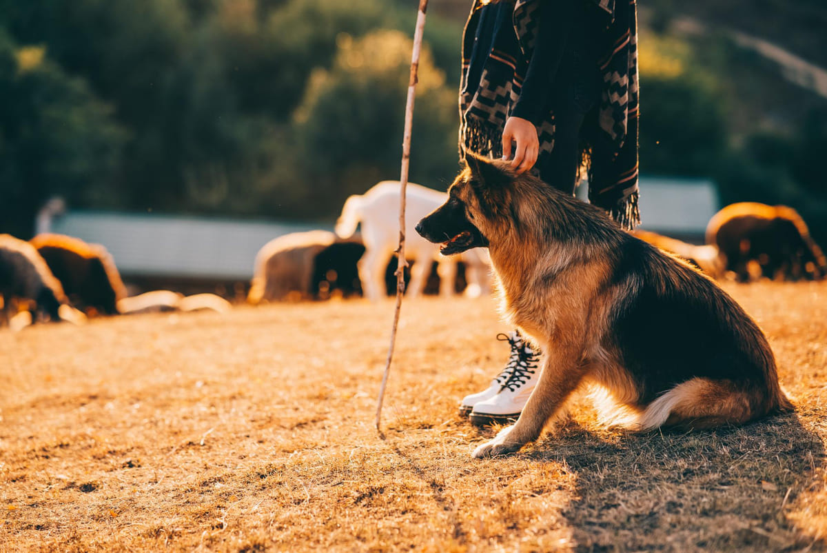 German Shepherd sitting on the ground next to its owner