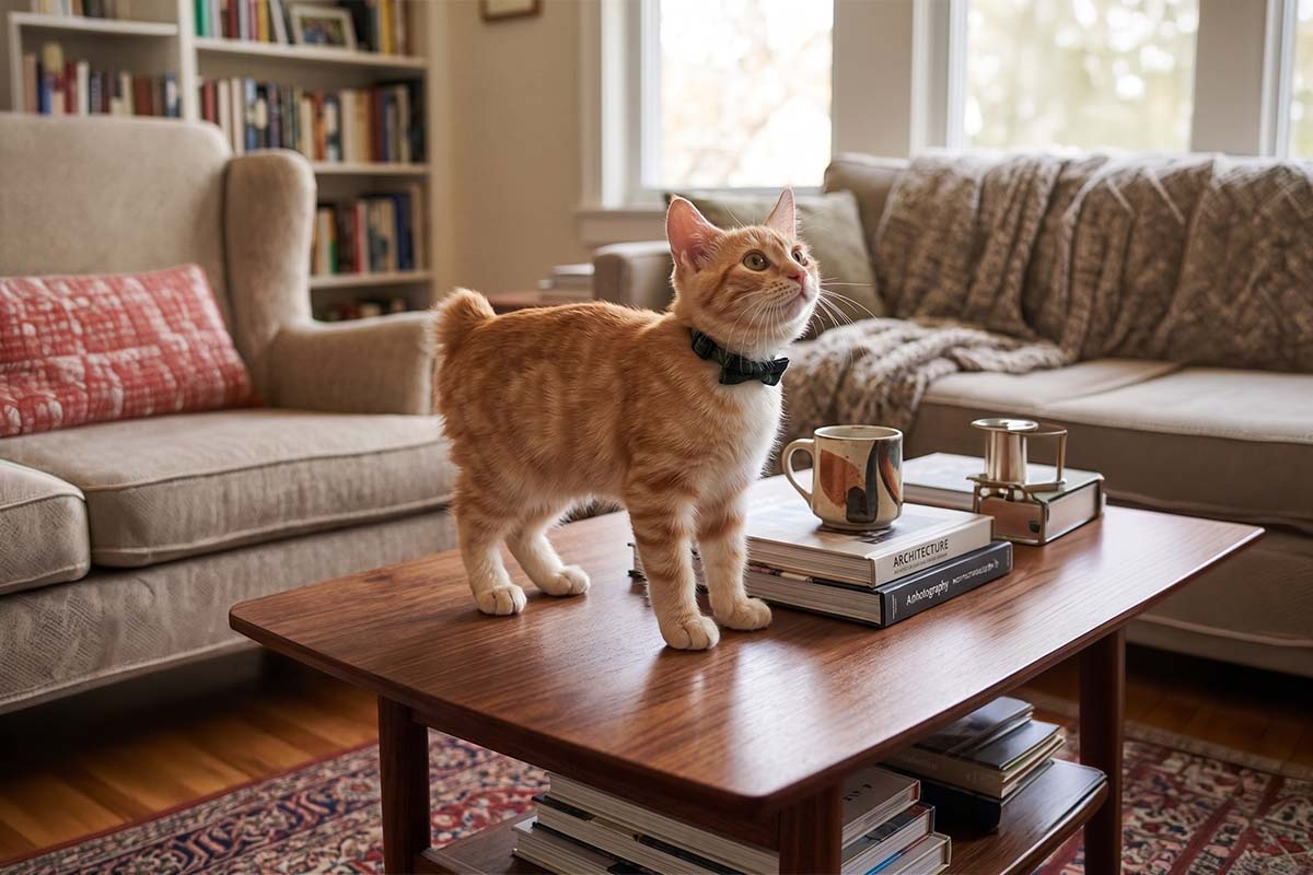American Bobtail kitten looking upwards on a coffee table