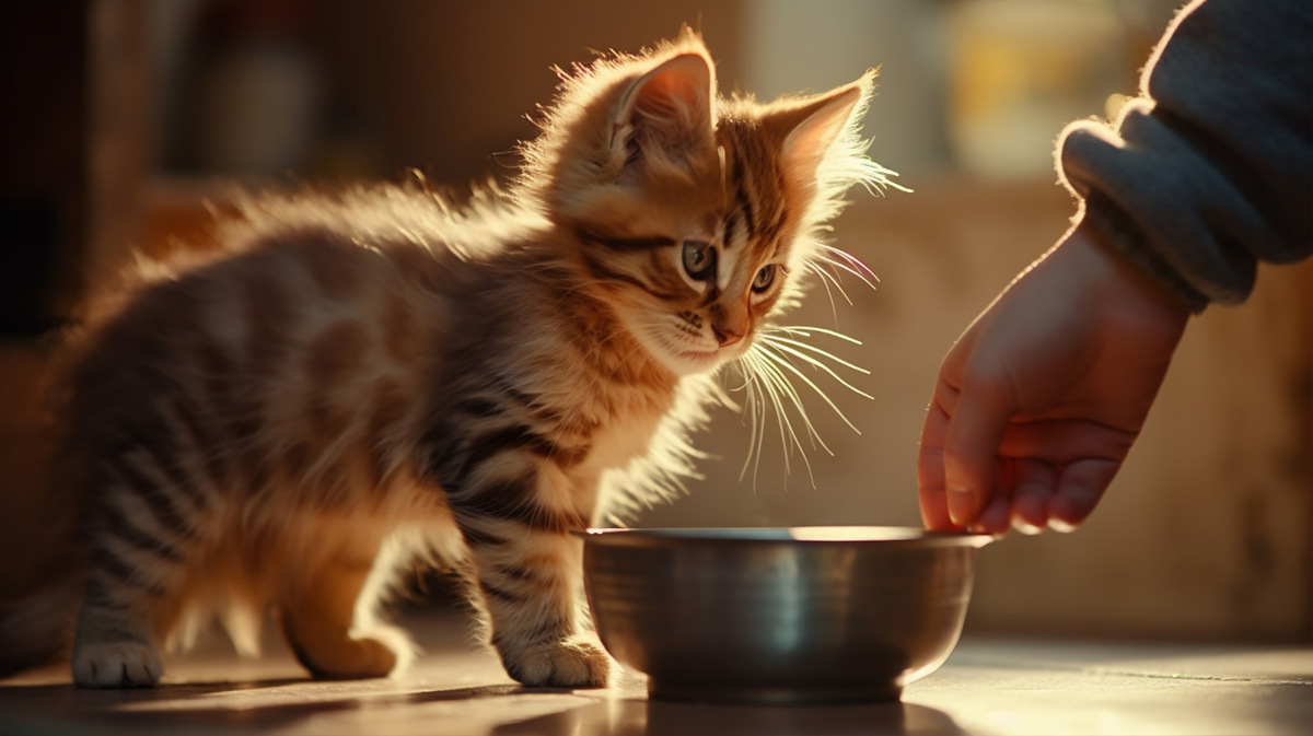 A tabby kitten being offered a food bowl