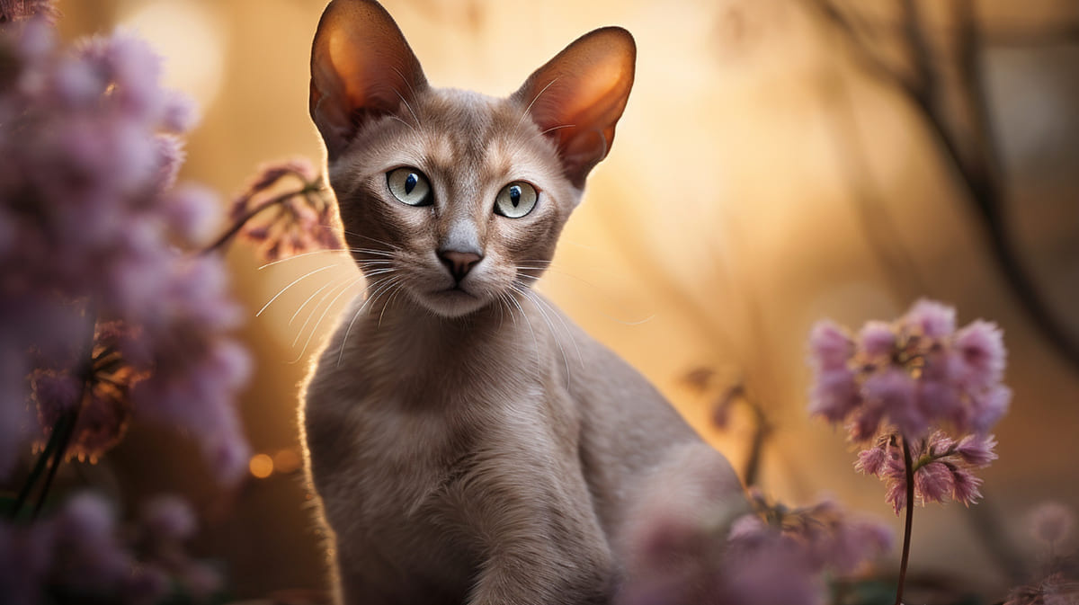 Large-eared, light brown-furred cat standing among flowers