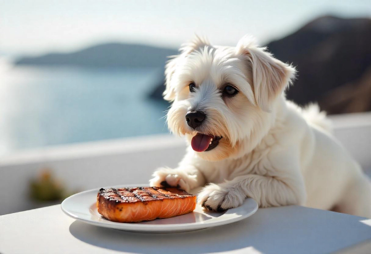 Small white-furred dog eating grilled salmon