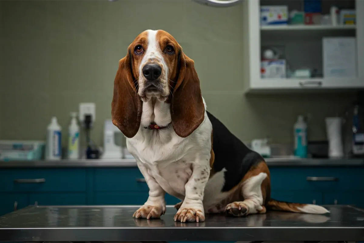 Long-eared dog sitting in a veterinary clinic dog