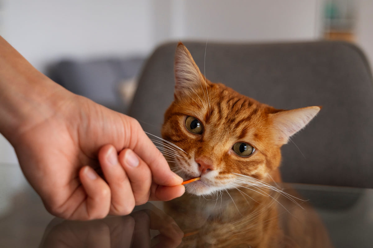 Eating a snack and looking at the camera tabby