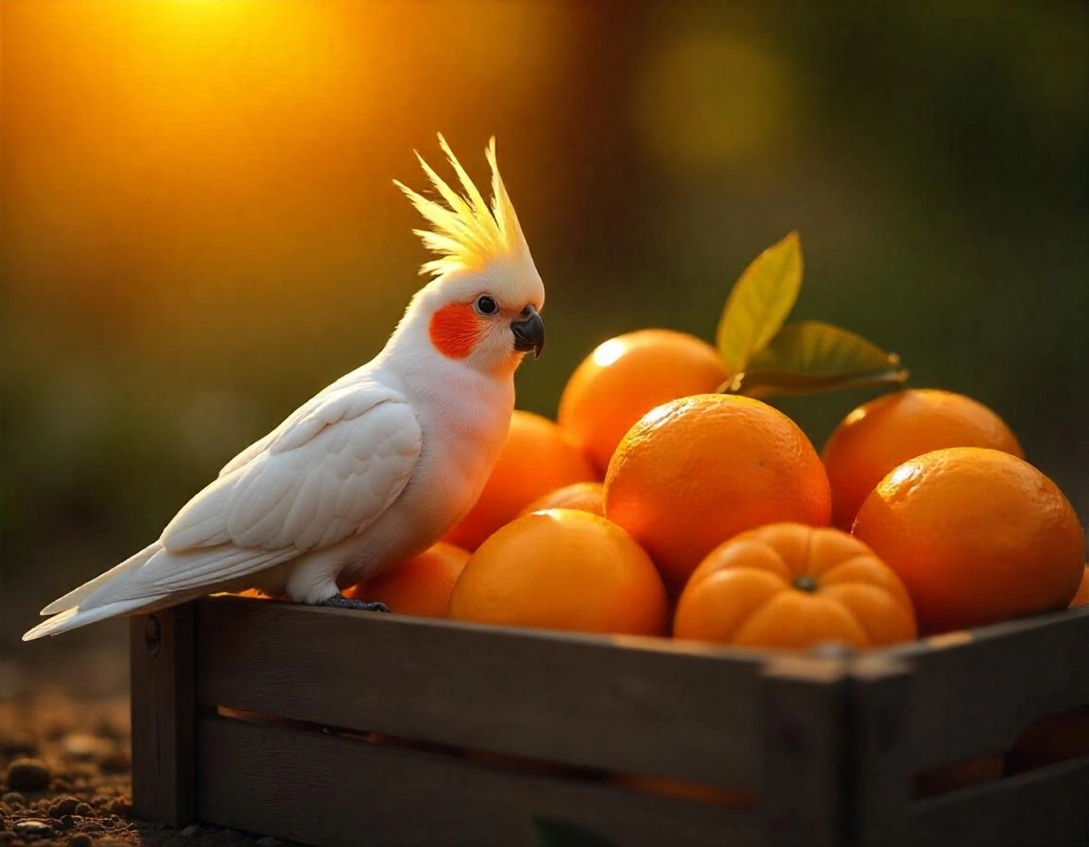 A cockatiel perched on a crate full of mandarins