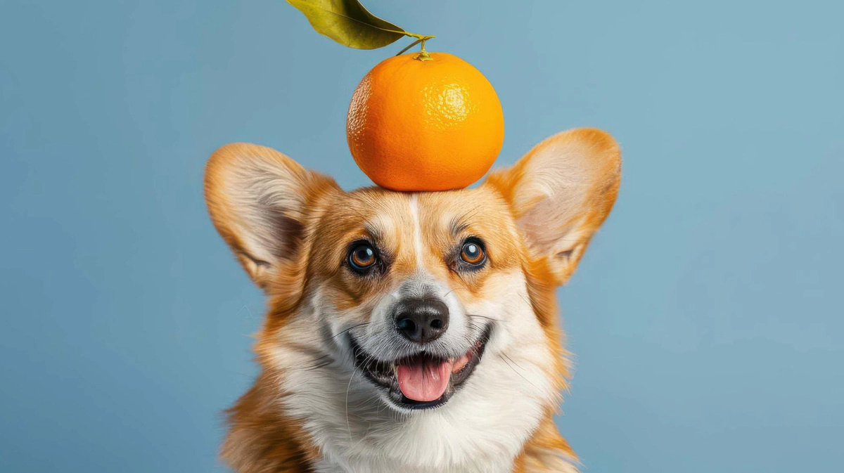 A yellow-brown dog with a tangerine peel on its head