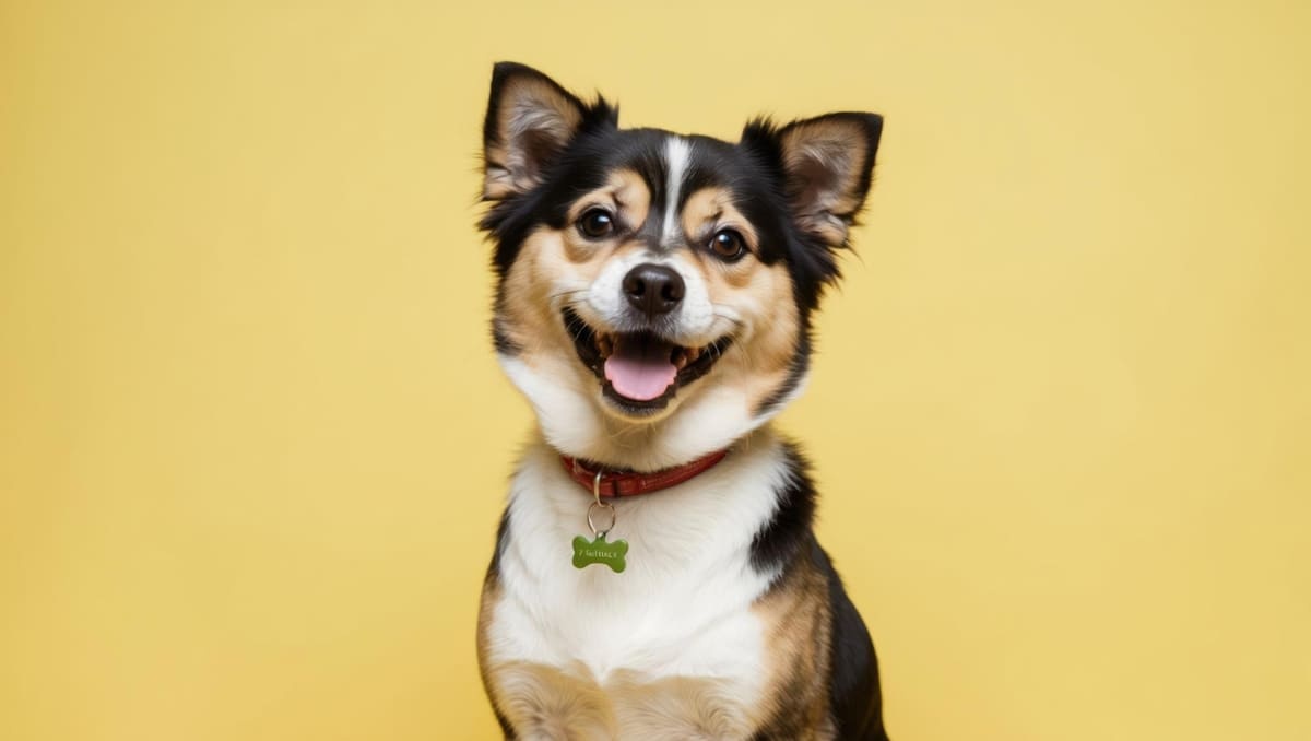 Dog with its mouth open in a happy expression