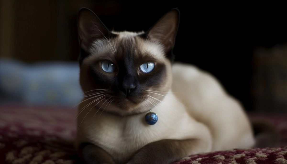 Siamese cat with blue eyes and a blue bead on its collar