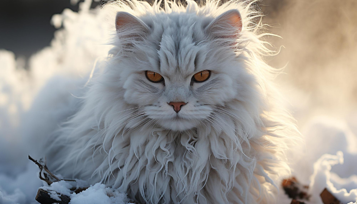 White Siberian cat with amber eyes