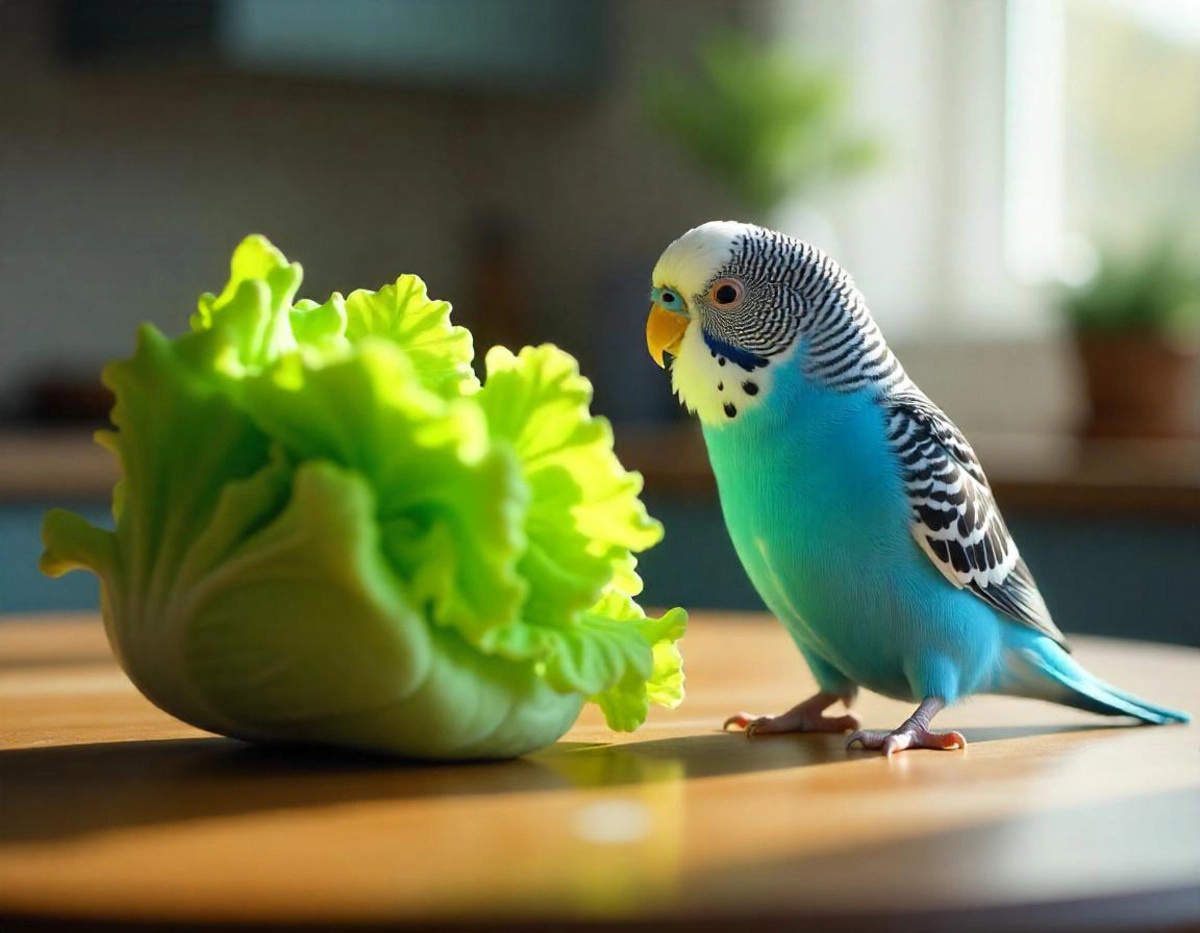 A blue budgie standing next to and looking at the lettuce