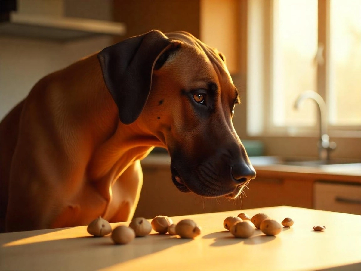 Large breed dog sniffing nuts on the counter
