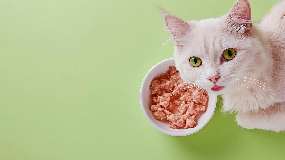 White cat looking up while eating wet food