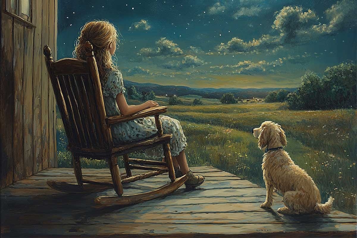 Illustration: Girl sitting on a chair with a dog next to her