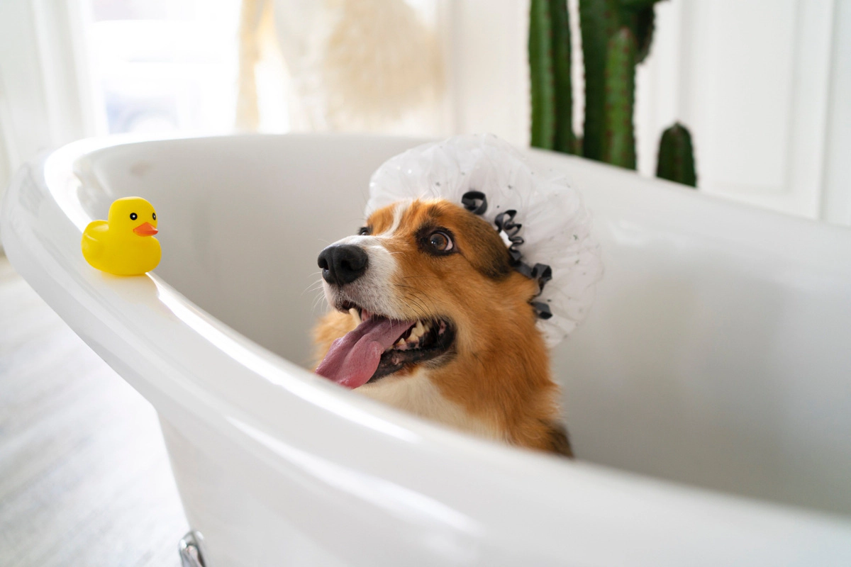 A dog sitting in the bathtub, looking at the yellow duck on the edge, wearing a bonnet