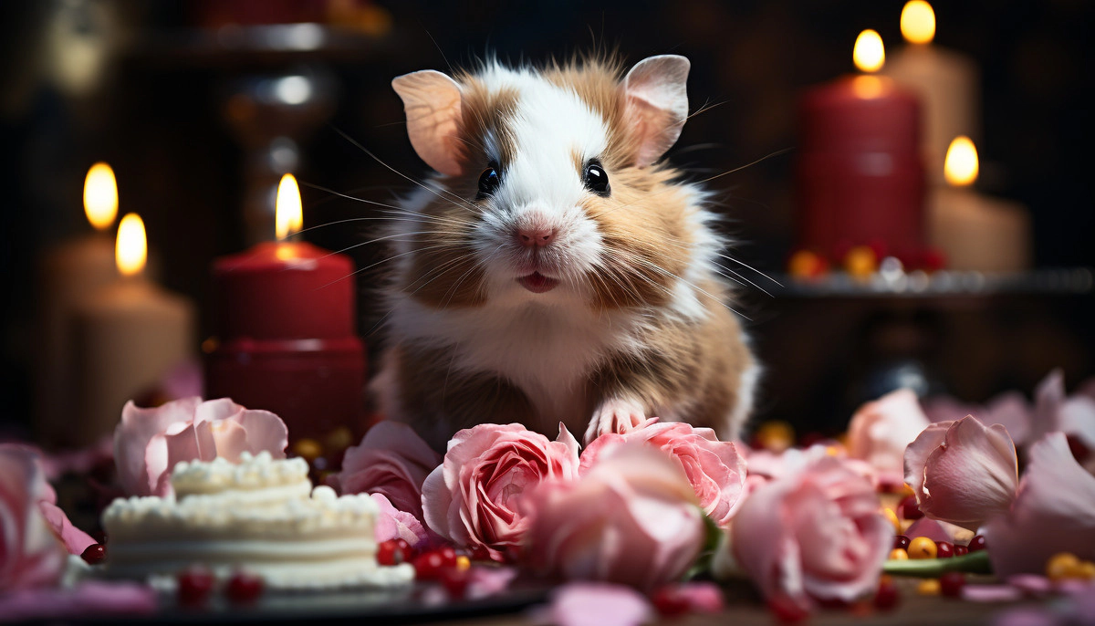 Hamster standing among flowers