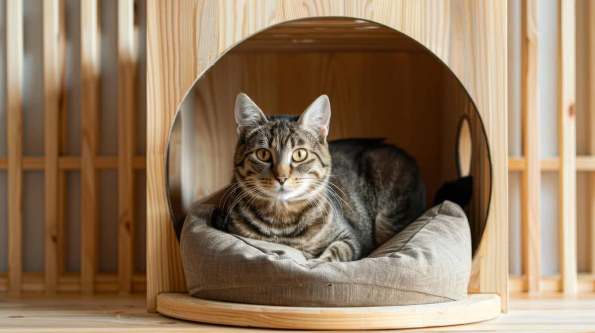 Tabby cat sitting in a cat house