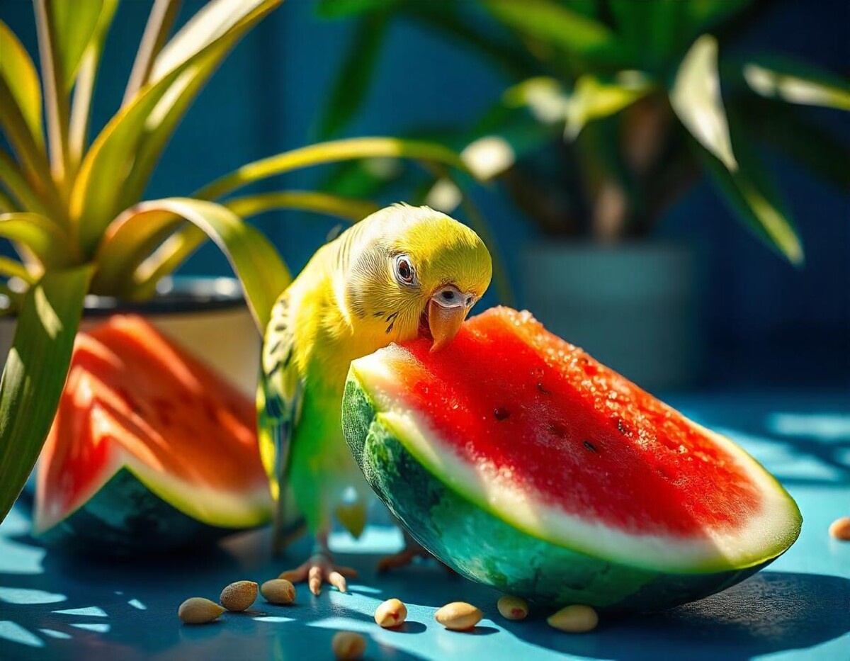 Budgie eating watermelon