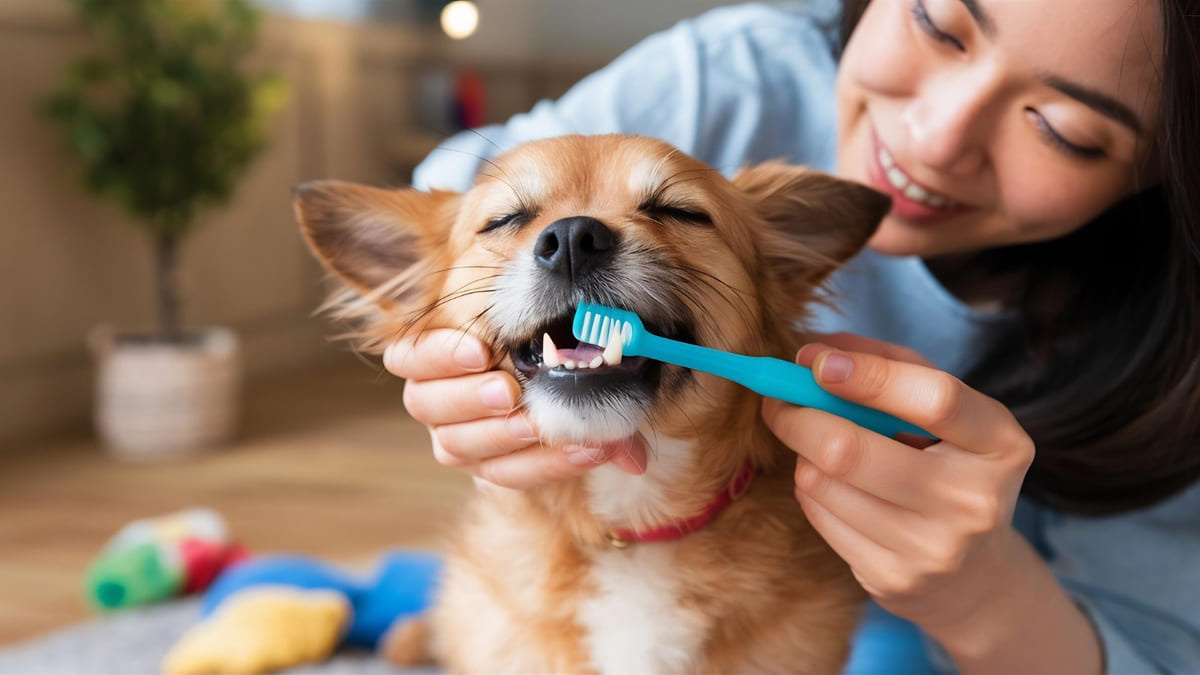 Dog having its teeth brushed