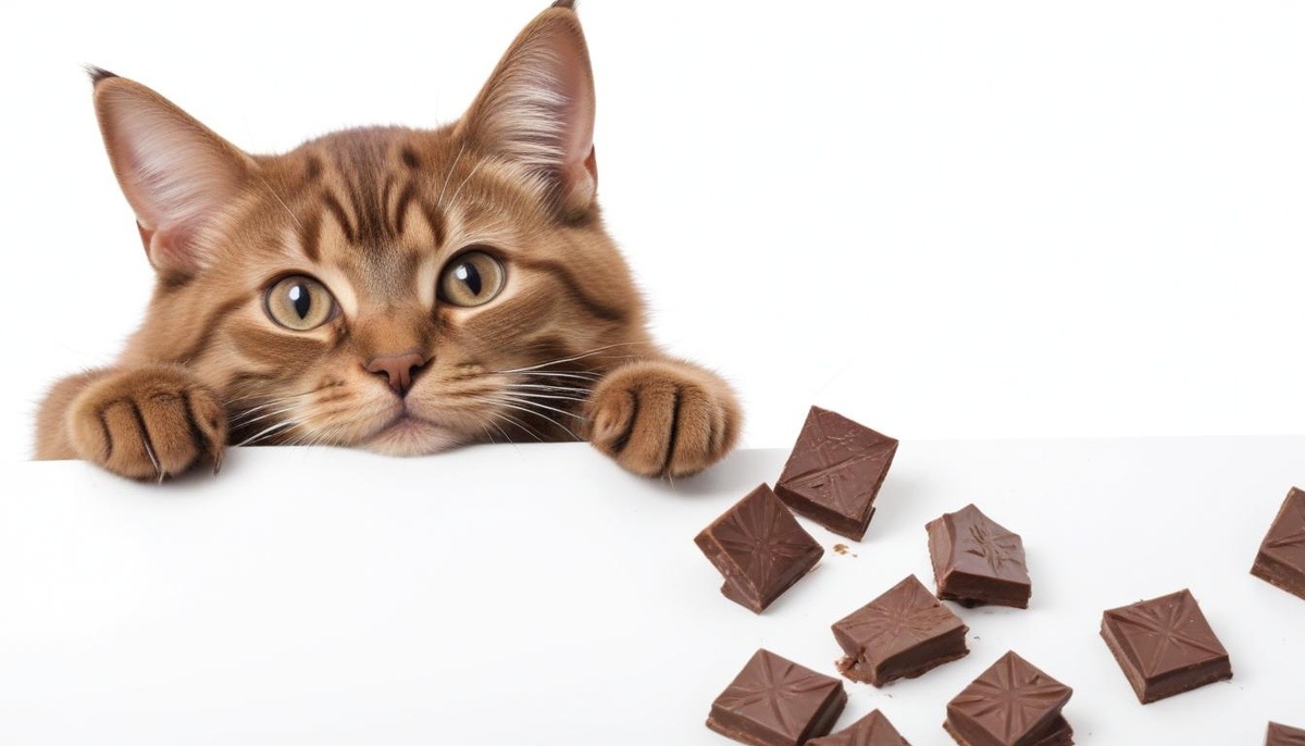 A kitten standing next to chocolate pieces