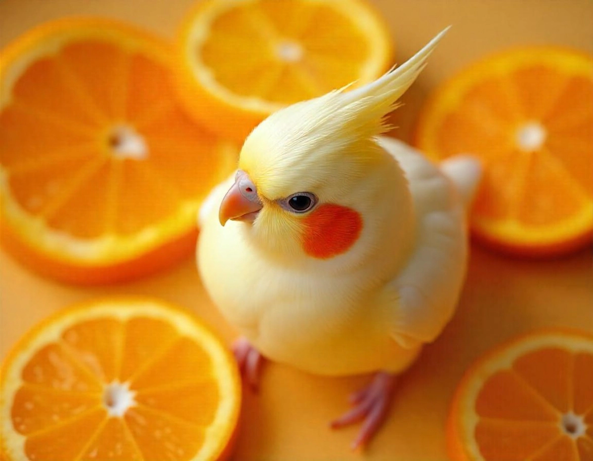 Aerial view of a yellow-toned cockatiel standing among mandarin slices
