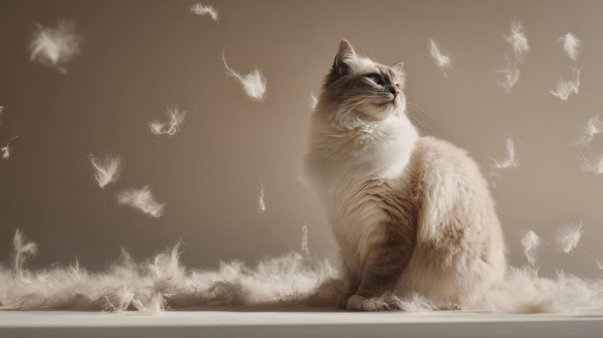 cat sitting and looking at flying fur