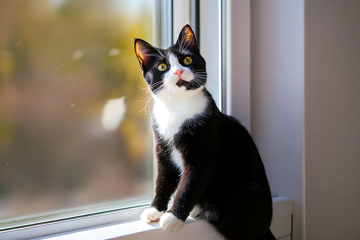 Tuxedo cat sitting by the window