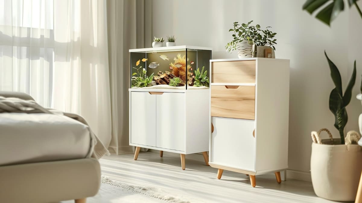 A spacious room with an aquarium