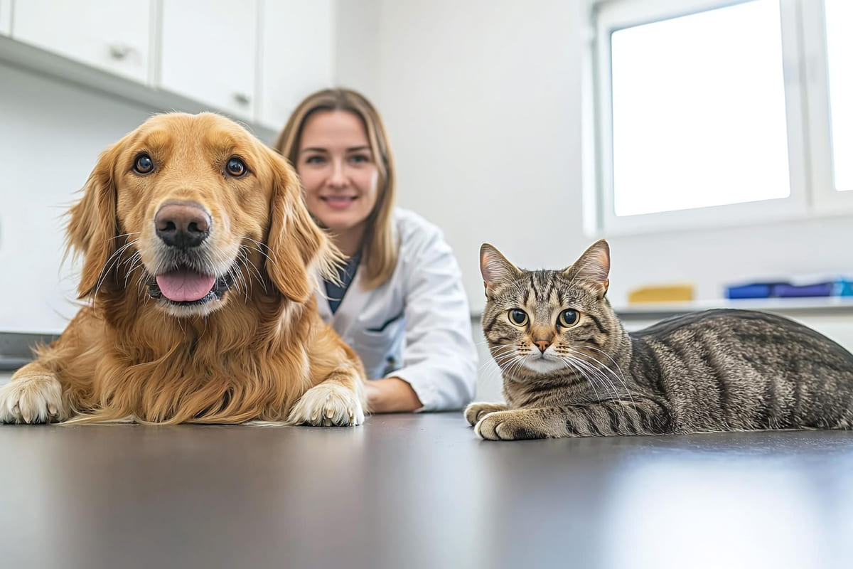 A dog and a tabby cat standing in front of the veterinarian