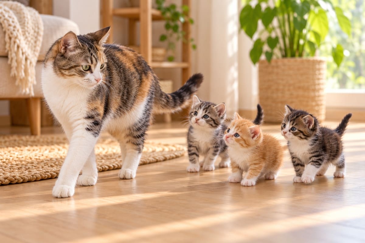 Mother cat followed by three kittens