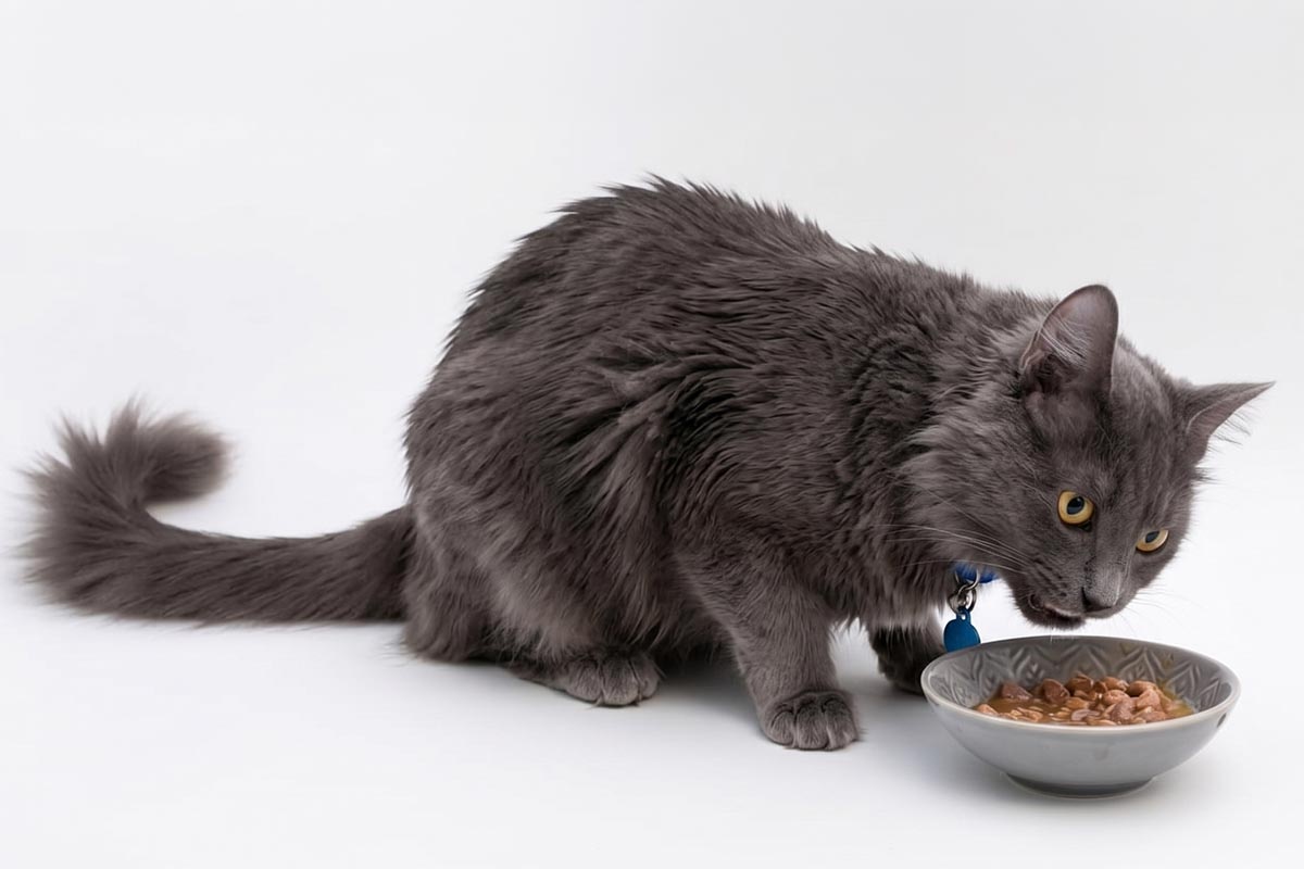 Gray cat eating food