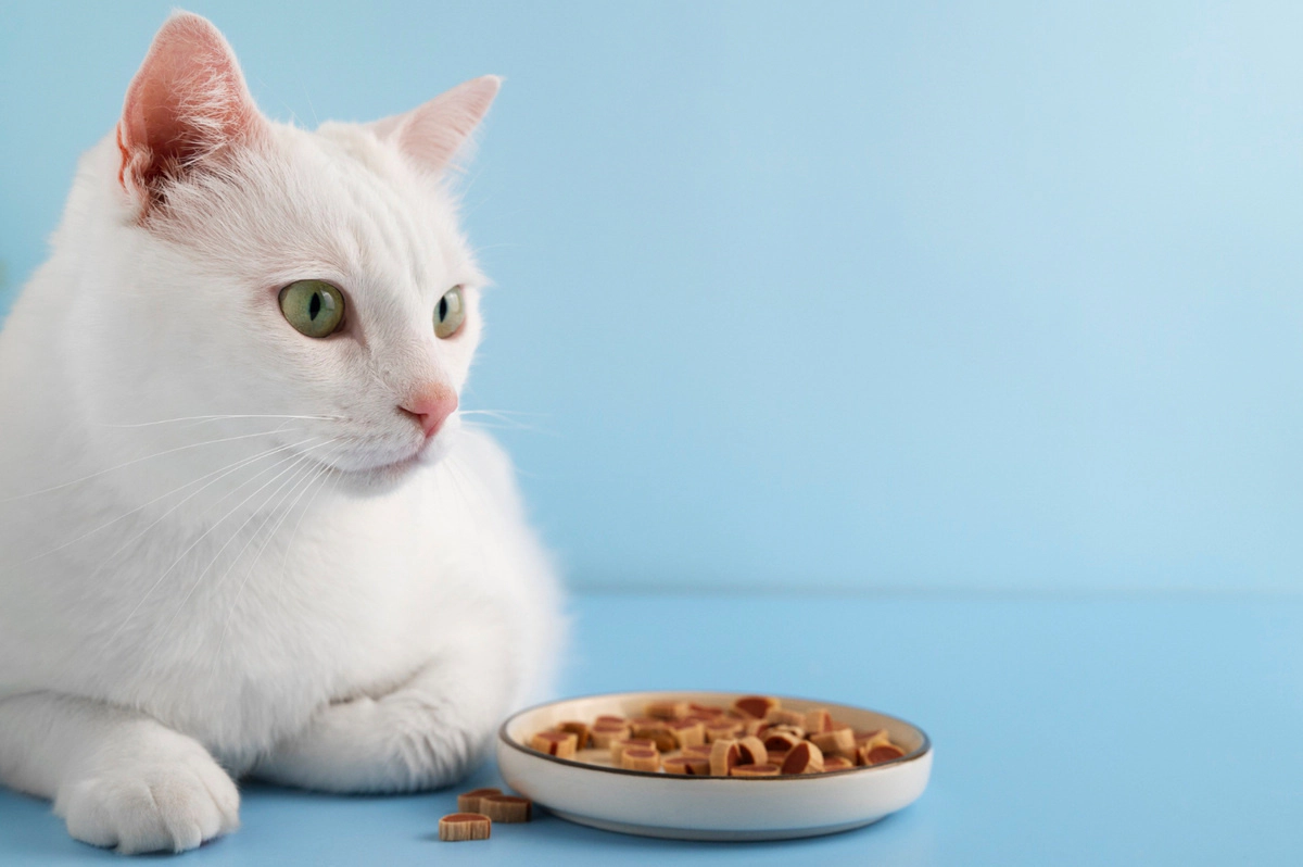 A white-furred cat standing next to its food bowl