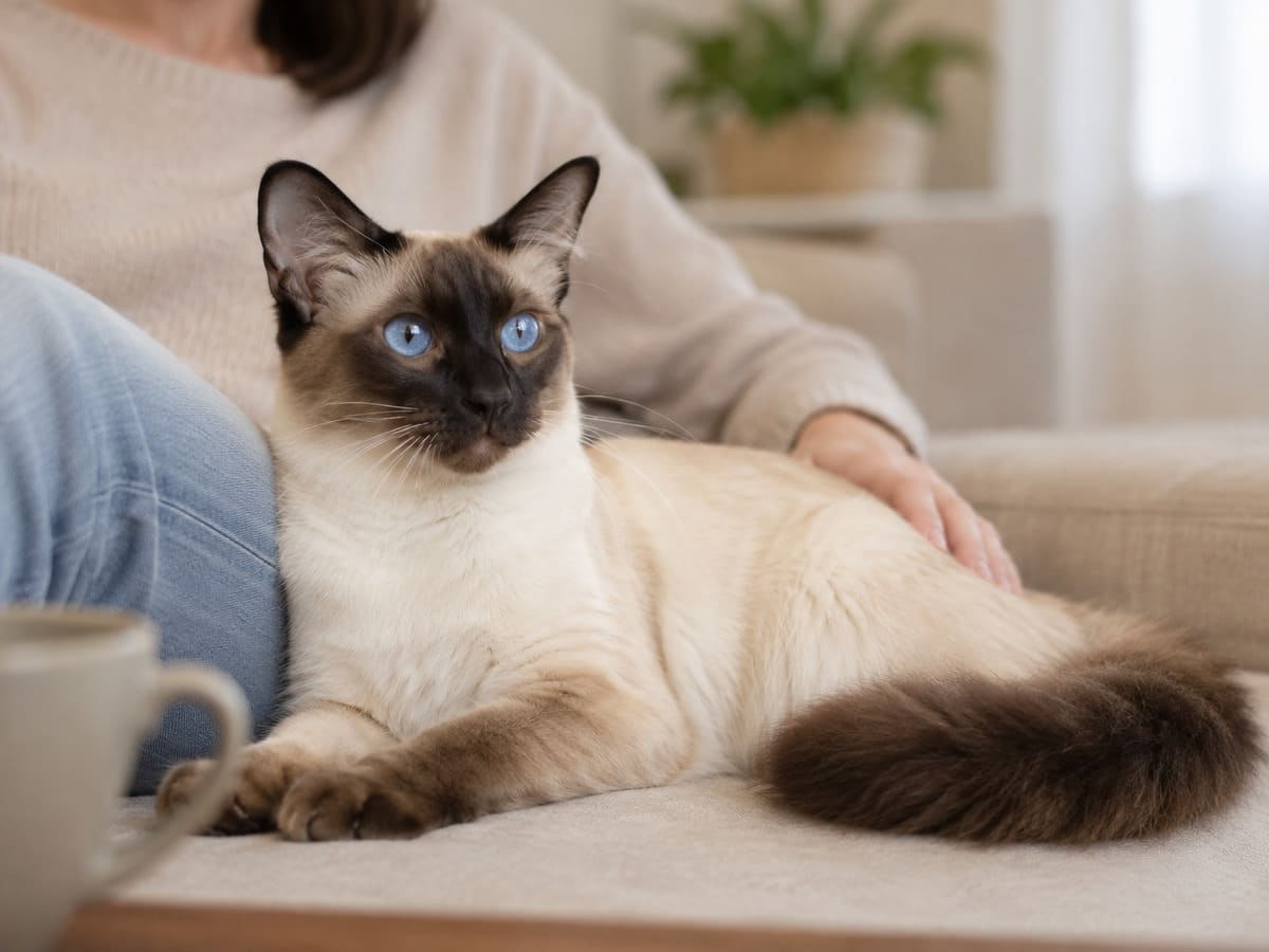 Long-haired Siamese cat lying next to its owner on the sofa