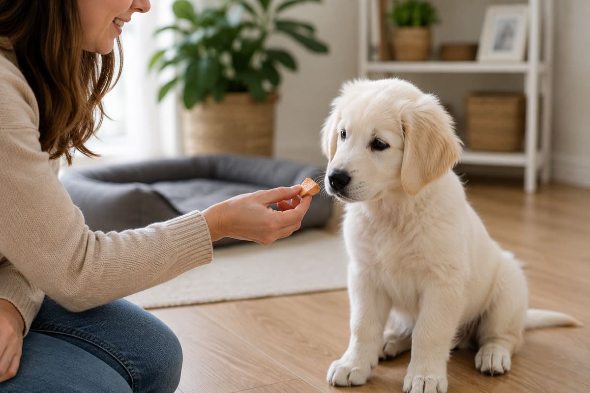 Cooked salmon cut into small cubes offered to a puppy