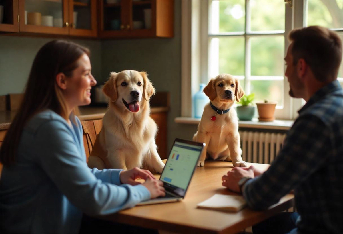 Adult and puppy dog ​​with male and female around the table sitting