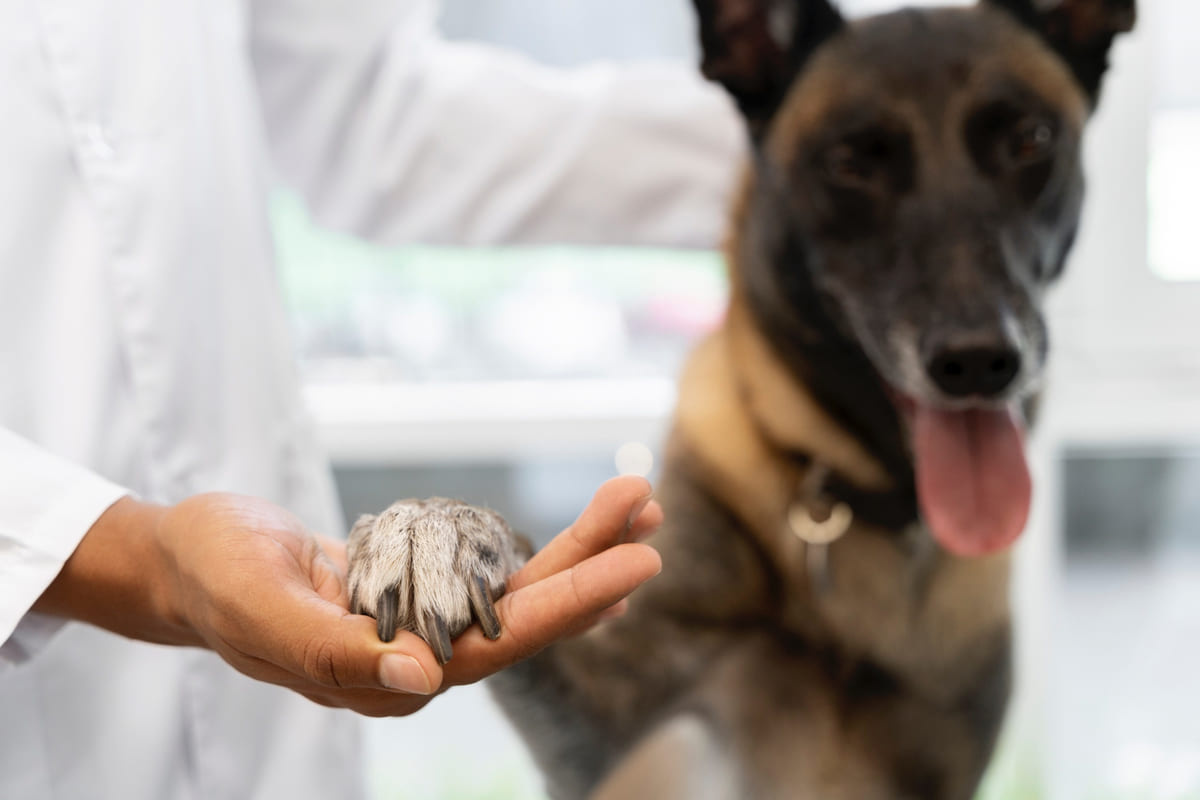 Dog extending its paw to someone in a white apron extended