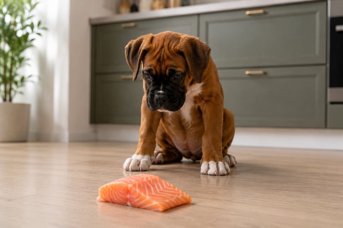 A Boxer puppy looking at raw salmon on the floor