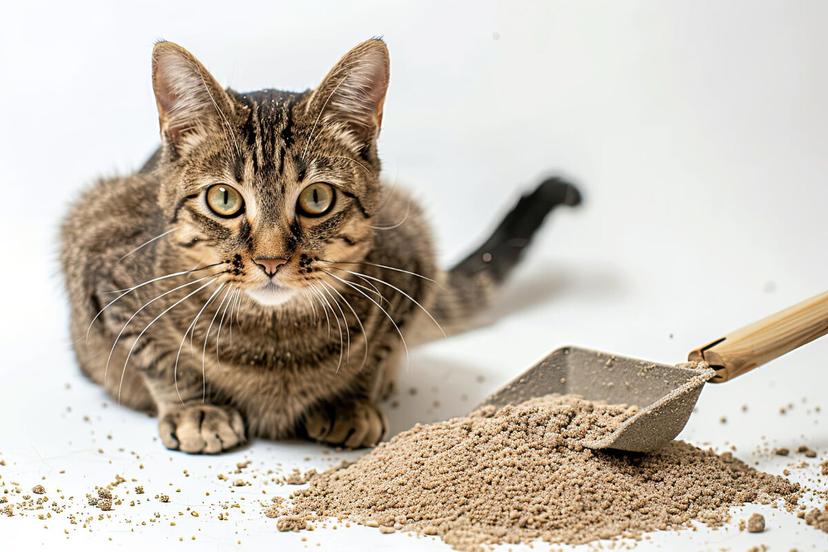 A tabby cat with wide eyes sitting next to the litter