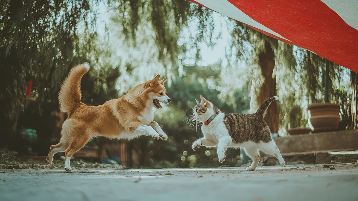 A tabby cat and dog on a leash playing outdoors