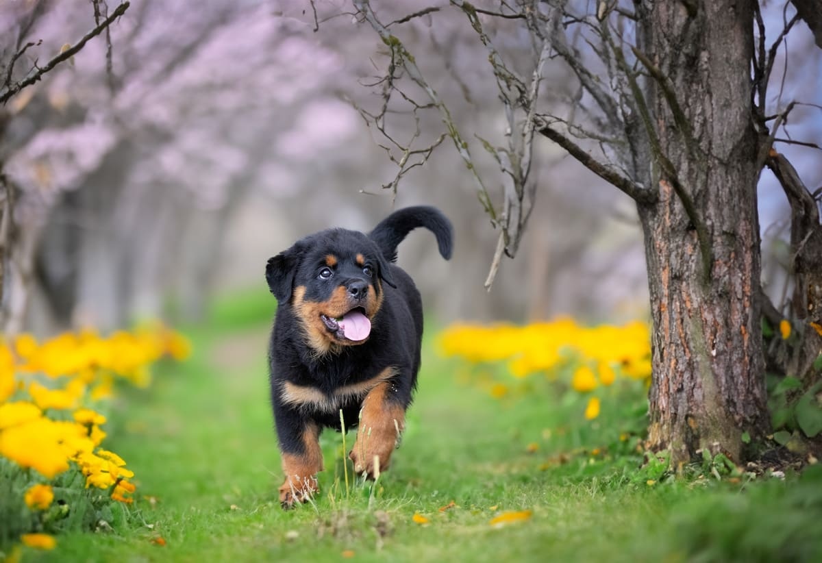 A Rottweiler puppy walking on the grass outside