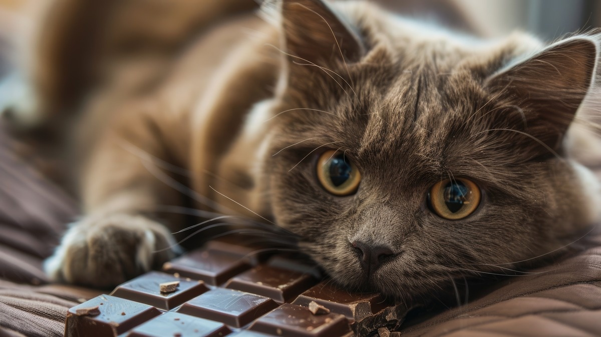 A gray-furred cat lying on a bar of chocolate