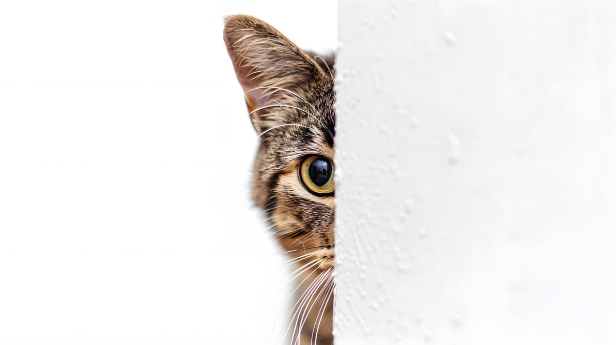 A tabby cat with half its face visible through the wall