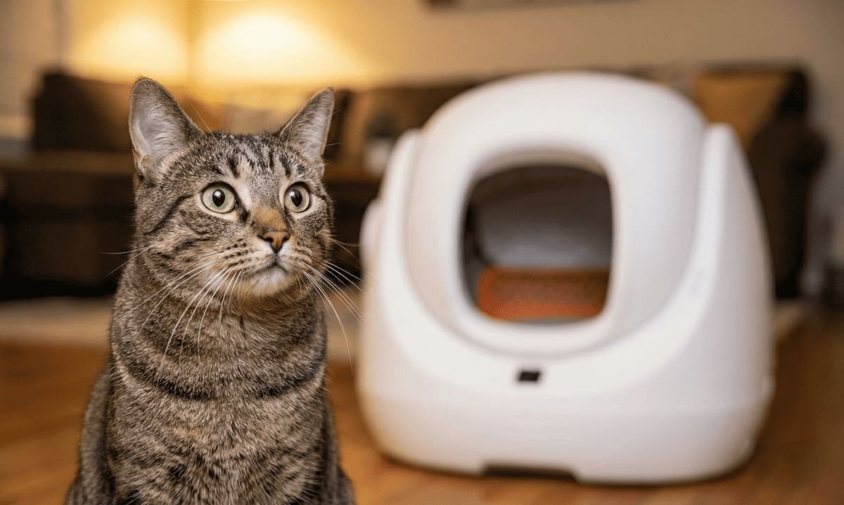 Tabby cat standing in front of an automatic cat litter box