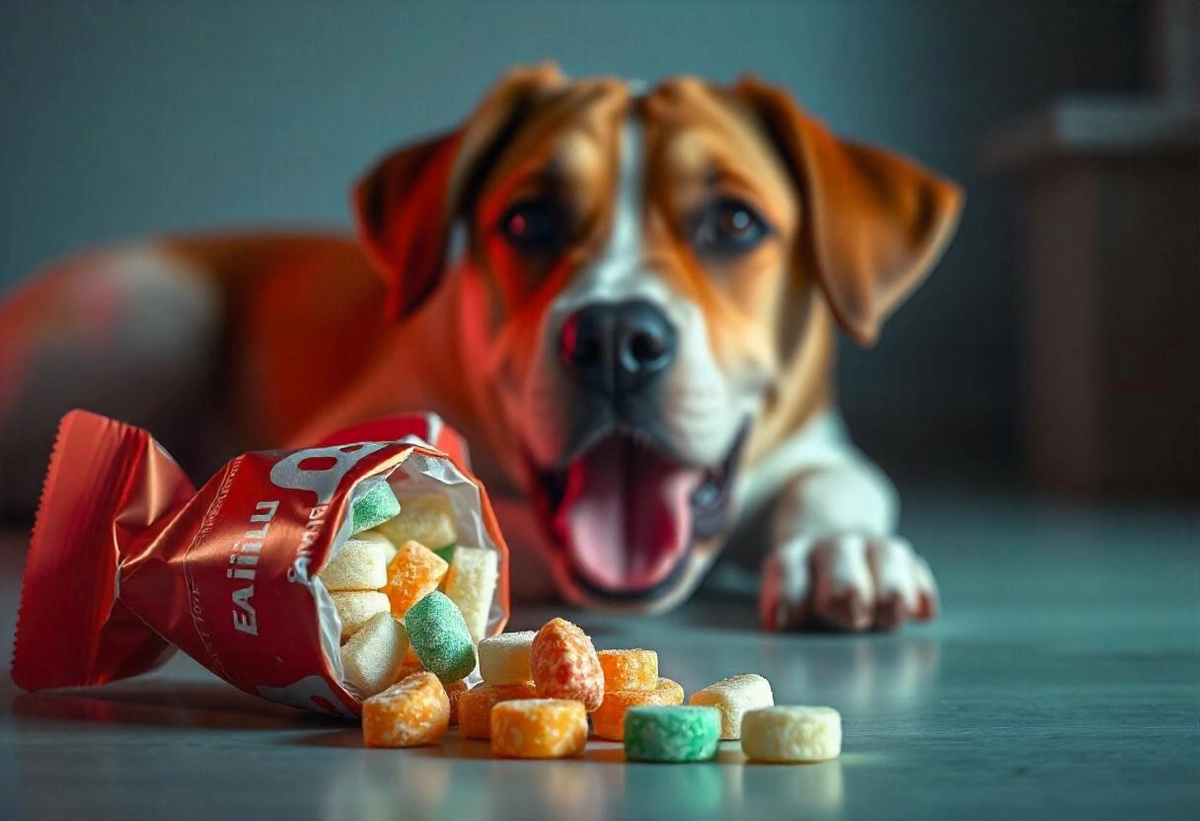 Dog sitting in the back with its mouth open, with candy in the front
