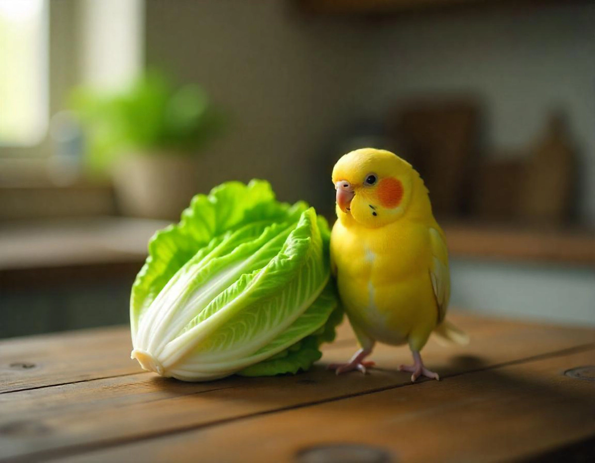 A yellow baby budgie standing next to the lettuce
